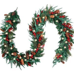 Christmas Garland with 50 Lights, 9ft Christmas Garland w/ Pinecones Red Berries